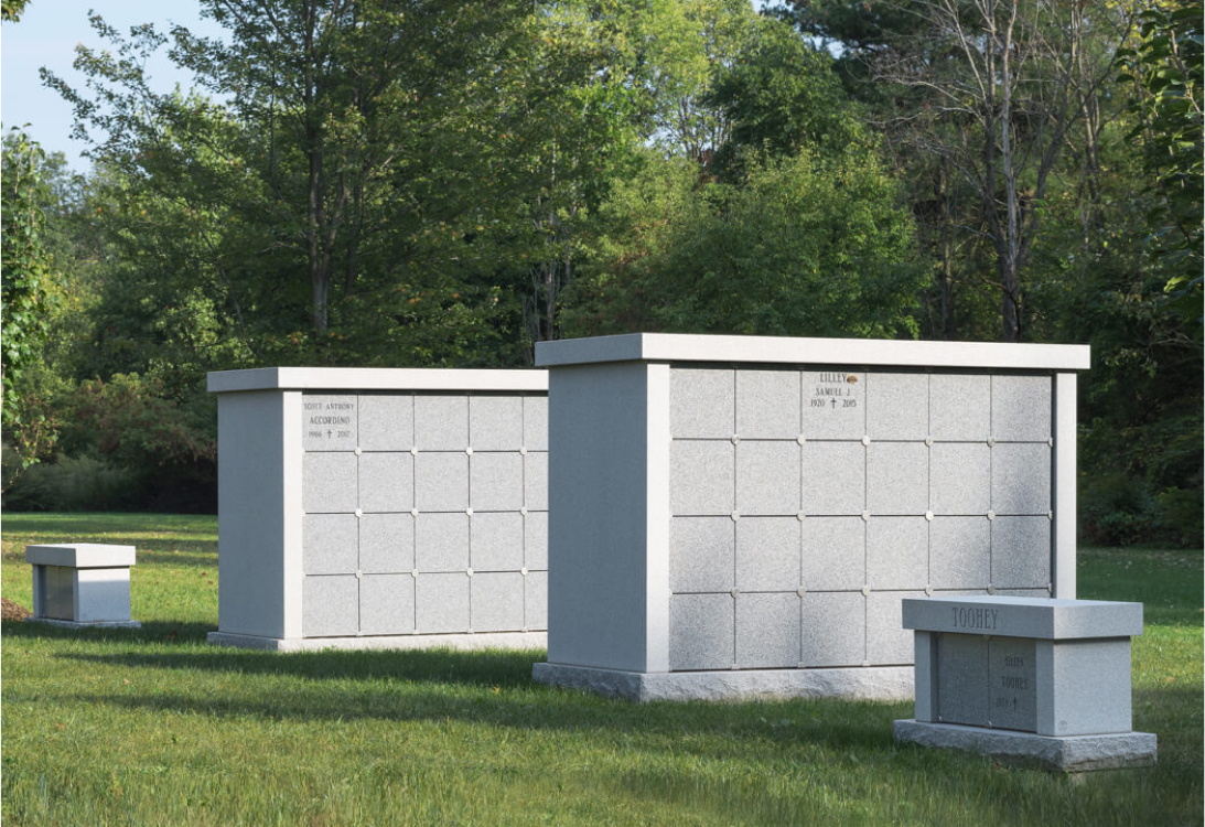 Two medium 48 space columbaria flanked by two small two space columbaria