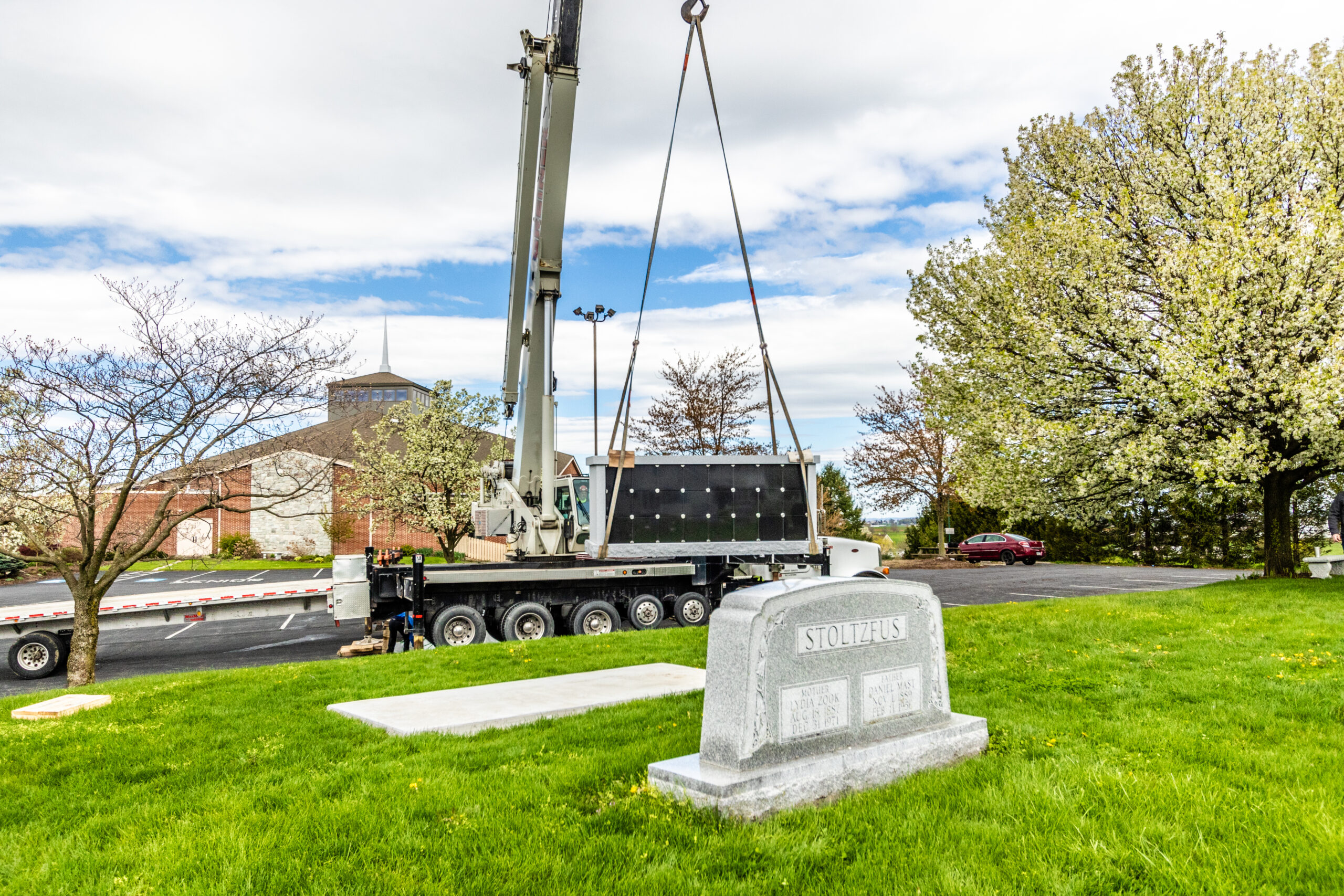 Columbarium being set in place.